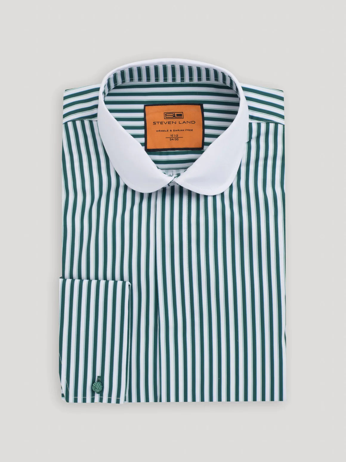Steven Land Green Striped Contrast Collar French Cuff Wrinkle Free Dress Shirt