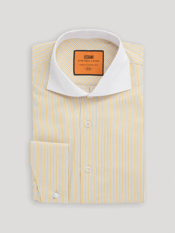 Steven Land Gold Striped French Cuff Contrast Collar Cotton Blend Dres The Suit Depot