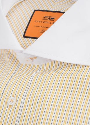 Steven Land Gold Striped French Cuff Contrast Collar Cotton Blend Dress Shirt