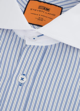 Steven Land Navy Striped French Cuff Contrast Cutaway Collar Cotton Blend Dress Shirt