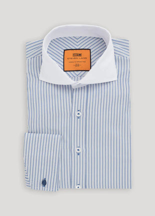 Steven Land Navy Striped French Cuff Contrast Cutaway Collar Cotton Blend Dress Shirt