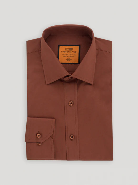 Steven Land Mens Solid Brown Slim Fit Spread Collar Wrinkle Free Cotton Dress Shirt