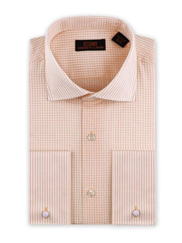 Steven Land Mens Peach Check Classic Fit 100% Cotton French Cuff Dress The Suit Depot Steven Land Mens Peach Check Classic Fit 100% Cotton French Cuff Dress The Suit Depot