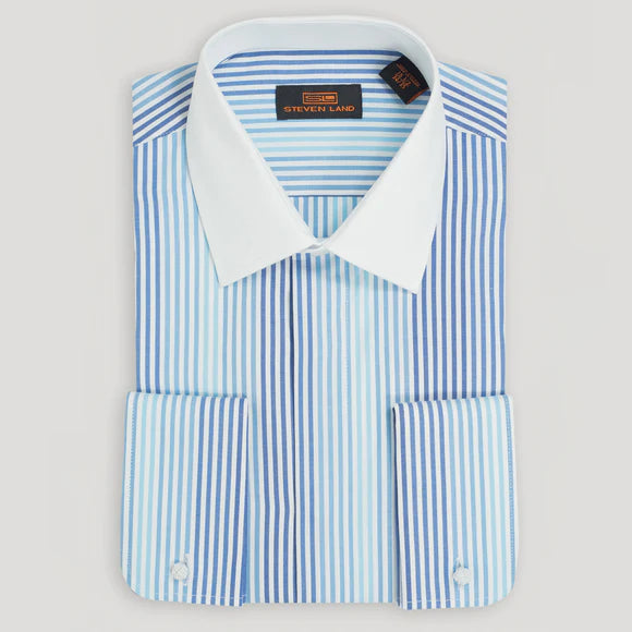 Steven Land Mens Blue Striped French Cuff 100% Cotton Dress Shirt
