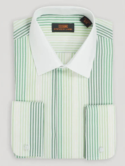 Steven Land Mens Green Striped French Cuff 100% Cotton Dress Shirt The Suit Depot Steven Land Mens Green Striped French Cuff 100% Cotton Dress Shirt The Suit Depot