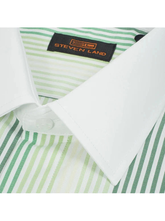 Steven Land Mens Green Striped French Cuff 100% Cotton Dress Shirt The Suit Depot Steven Land Mens Green Striped French Cuff 100% Cotton Dress Shirt The Suit Depot