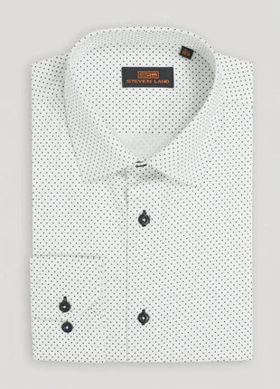 Steven Land Mens White & Black Dot Cotton Blend Stretch Spread Collar Dress Shirt
