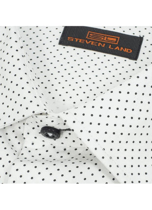 Steven Land Mens White & Black Dot Cotton Blend Stretch Spread Collar Dress Shirt