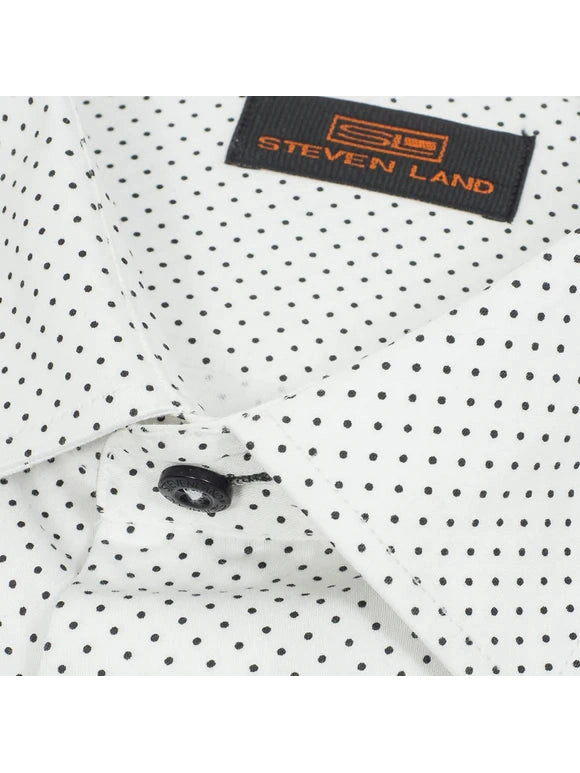 Steven Land Mens White & Black Dot Cotton Blend Stretch Spread Collar Dress Shirt