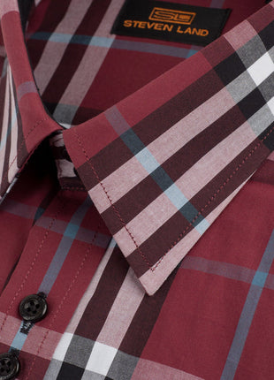 Steven Land Mens Classic Fit Burgundy Plaid 100% Cotton Dress Shirt