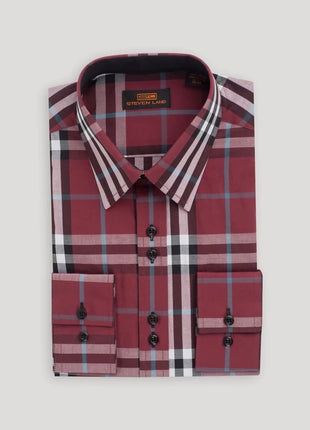 Steven Land Mens Classic Fit Burgundy Plaid 100% Cotton Dress Shirt