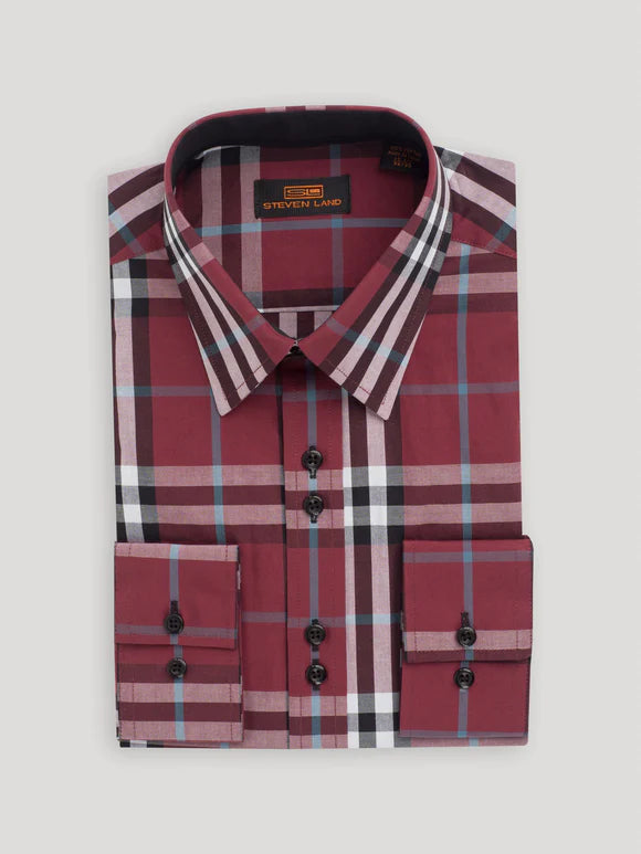 Steven Land Mens Classic Fit Burgundy Plaid 100% Cotton Dress Shirt The Suit Depot Steven Land Mens Classic Fit Burgundy Plaid 100% Cotton Dress Shirt The Suit Depot