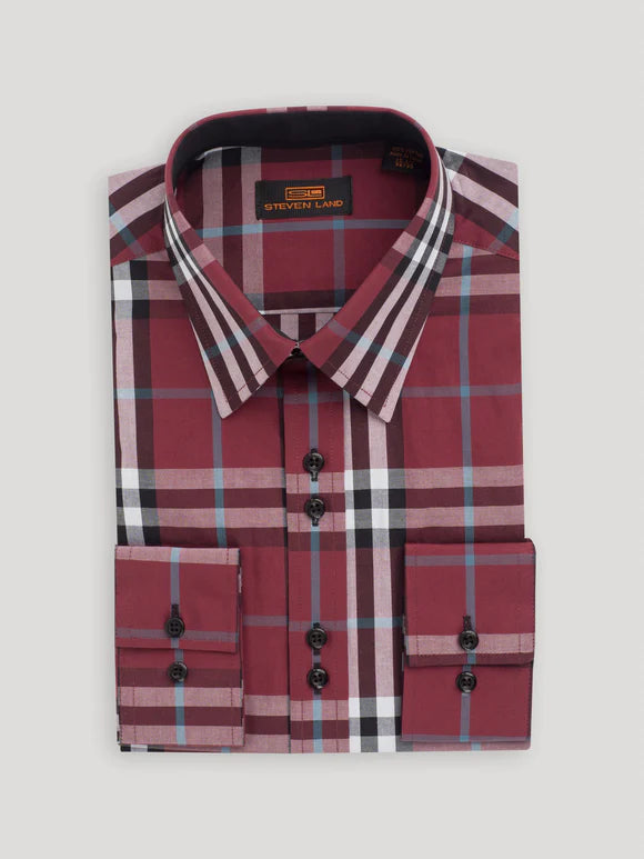 Steven Land Mens Classic Fit Burgundy Plaid 100% Cotton Dress Shirt