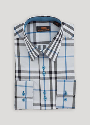 Steven Land Mens Blue Plaid Classic Fit 100% Cotton Dress Shirt - The Suit Depot