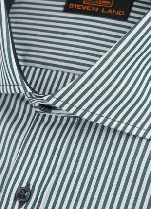 Steven Land Mens Green Striped Slim Fit Spread Collar 100% Cotton Dress Shirt