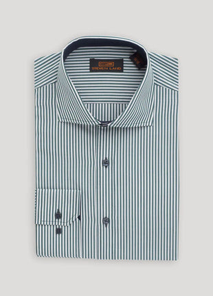 Steven Land Mens Green Striped Slim Fit Spread Collar 100% Cotton Dress Shirt