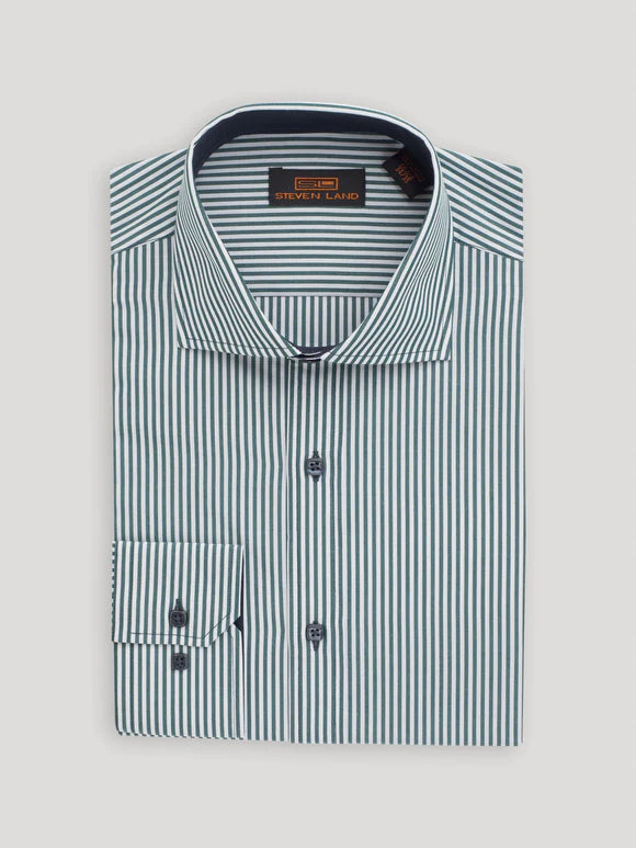 Steven Land Mens Green Striped Cutaway Collar 100% Cotton Dress Shirt – The Suit Depot