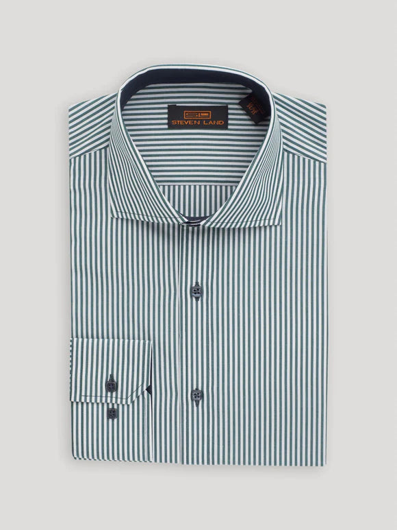 Steven Land Mens Green Striped Slim Fit Spread Collar 100% Cotton Dress Shirt