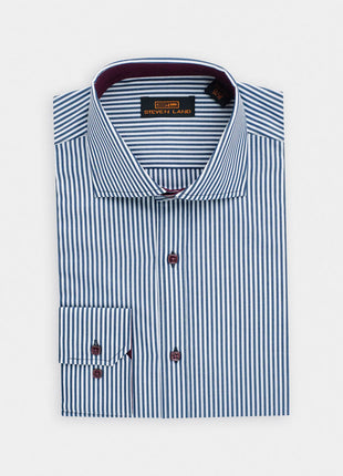 Steven Land Mens Navy & White Striped 100% Cotton Dress Shirt