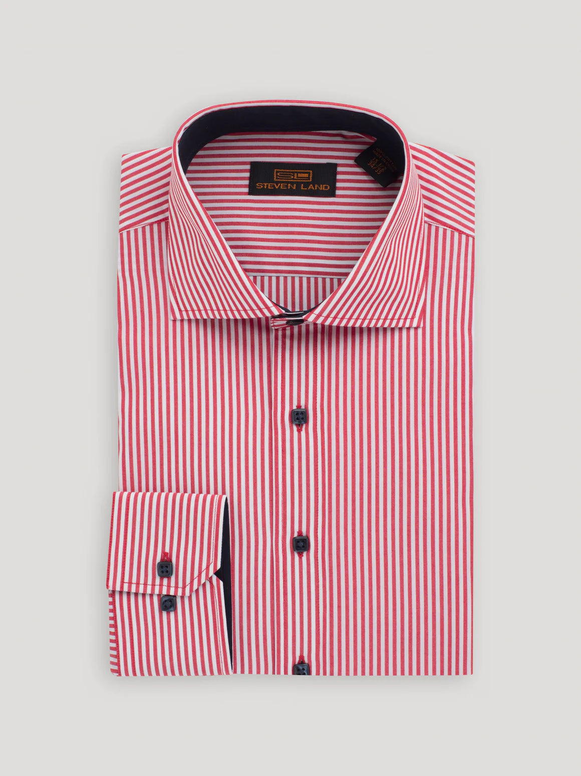 Steven Land Mens Classic Fit Red &amp; White Striped 100% Cotton Dress Shirt