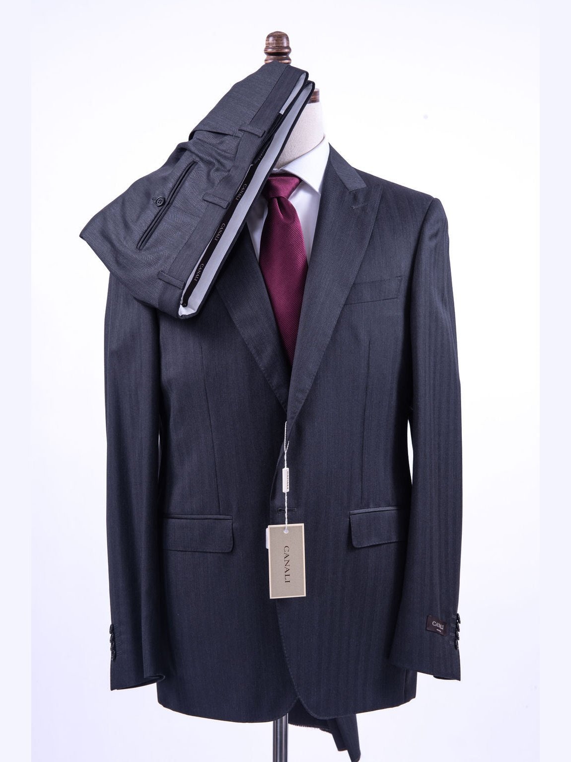 Canali Mens Charcoal Gray Herringbone 42R Drop 8 100% Wool 2 Button 2 Piece Suit