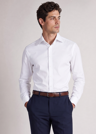 Christopher Morris Mens Solid White Slim Fit Spread Collar Non Iron Cotton Dress Shirt