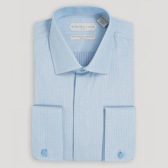 Steven Land Mens Blue Slim Fit 100% Cotton Spread Collar French Cuff Dress Shirt