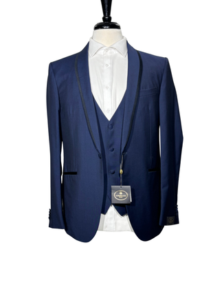 Corneliani Mens Blue With Black Trim Fully-Canvassed Shawl Lapel Classic Fit 3-Piece Wool Blend Tuxedo Suit - 36S - The Suit Depot
