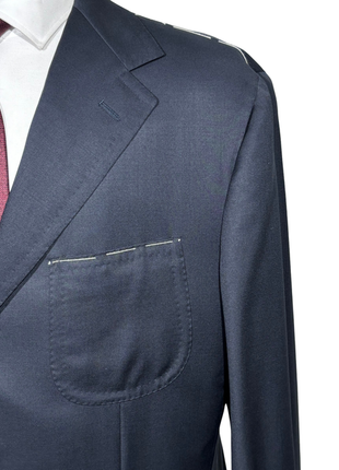 Sartoria Partenopea Mens Solid Dark Blue Notch Lapel Slim Fit 3-Button Wool Suit With Patch Pockets- 46R