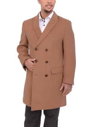 Mens Camel Tan 3/4 Length Double Breasted Wool Cashmere Overcoat Car Coat