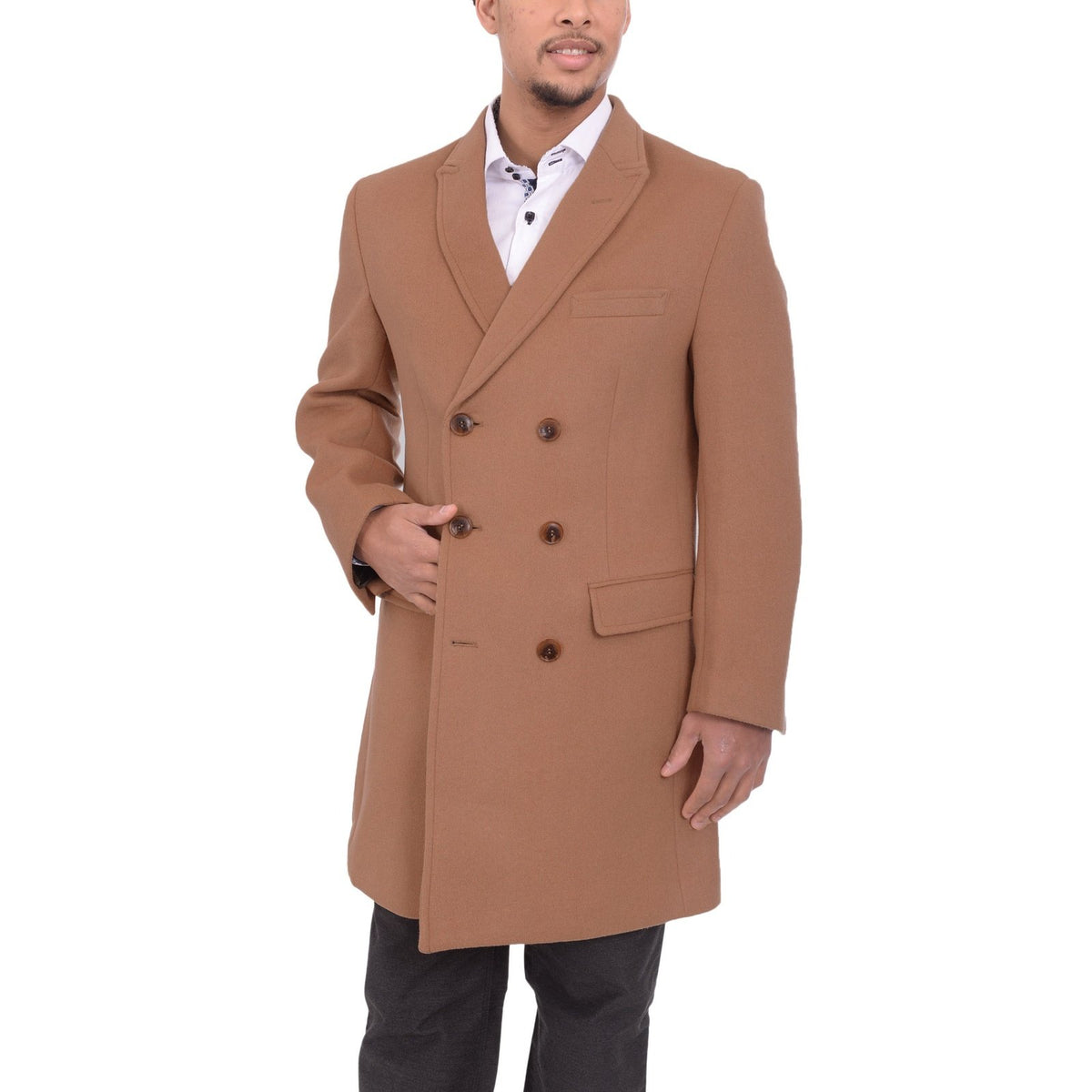Mens Camel Tan 3/4 Length Double Breasted Wool Cashmere Overcoat Car Coat