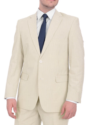 Emigre Classic Fit Tan Striped Two Button Cotton Seersucker Suit