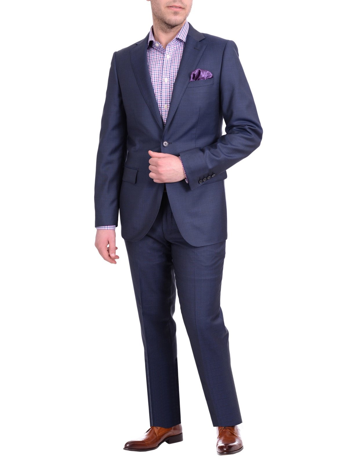 Label E Mens Slim Fit Navy Blue Birdseye 100% Wool 2 Piece Suit