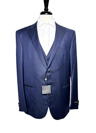 Corneliani Mens Navy Textured Fully-Canvassed Peak Lapel Slim Fit 3-Piece Wool Suit - 46L - The Suit Depot