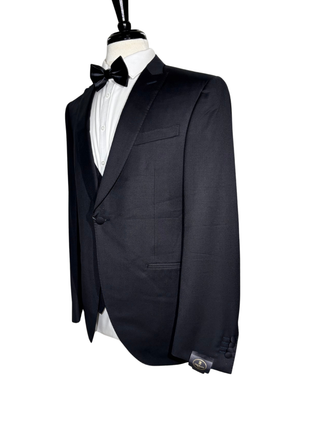 Corneliani Mens Solid Black Fully-Canvassed Peak Lapel Slim Fit 3-Piece Wool Tuxedo - 42R