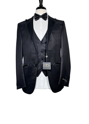 Corneliani Mens Solid Black Fully-Canvassed Peak Lapel Slim Fit 3-Piece Wool Silk Tuxedo - 40R