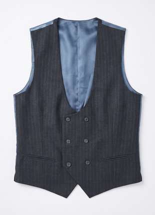 Mazara Mens Dark Gray with Navy Pinstripe Slim Fit Peak Lapel Wool 3-Piece Suit