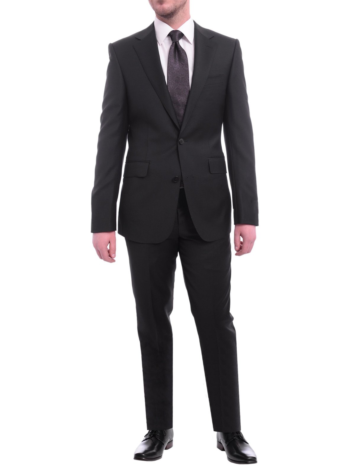 Blujacket Mens Solid Black Wool Cashmere Blend Trim Fit 2 Piece Suit