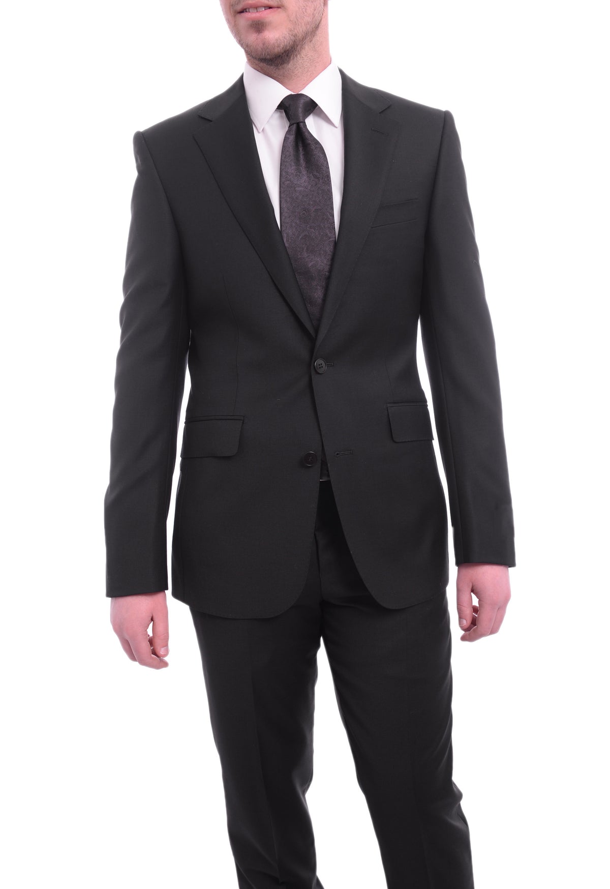 Blujacket Mens Solid Black 100% Wool Trim Fit 2-Piece Suit
