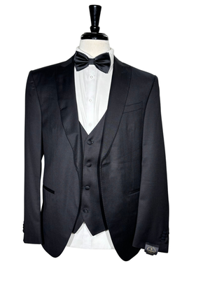 Corneliani Mens Solid Black Fully-Canvassed Peak Lapel Slim Fit 3-Piece Wool Tuxedo - 42R
