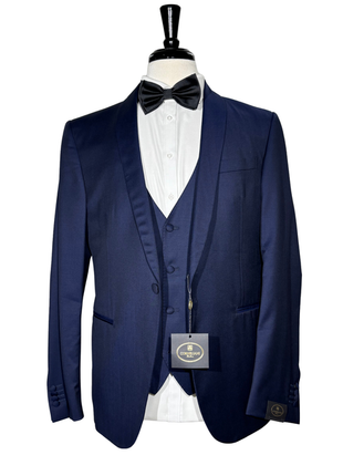 Corneliani Mens Solid Navy Fully-Canvassed Shawl Lapel Slim Fit 3-Piece Wool Tuxedo - 38S