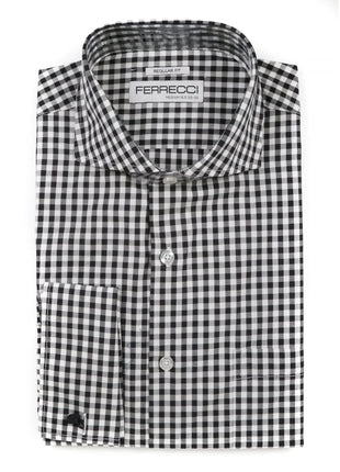 Ferrecci Black and White Check Regular Fit Cutaway Collar Cotton Dress Shirt - The Suit Depot
