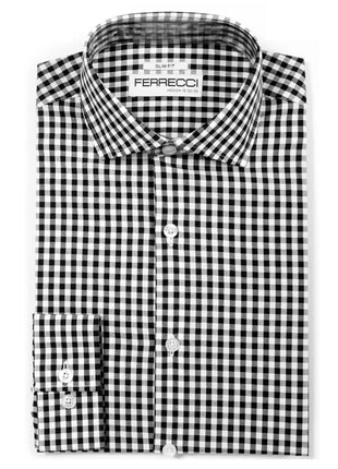 Ferrecci Black and White Check Slim Fit Cutaway Collar Cotton Dress Shirt - The Suit Depot