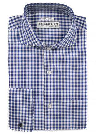 Ferrecci Blue and White Check Regular Fit Cutaway Collar Cotton Dress Shirt - The Suit Depot