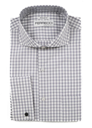Ferrecci Grey and White Check Regular Fit Cutaway Collar Cotton Dress Shirt - The Suit Depot
