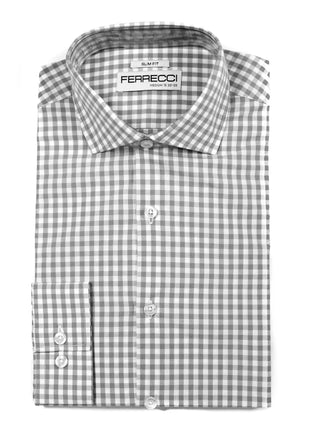 Ferrecci Grey and White Check Slim Fit Cutaway Collar Cotton Dress Shirt - The Suit Depot