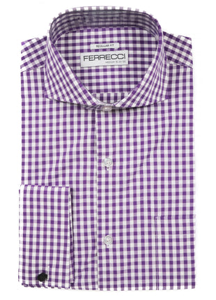 Ferrecci Purple and White Check Regular Fit Cutaway Collar Cotton Dress Shirt - The Suit Depot