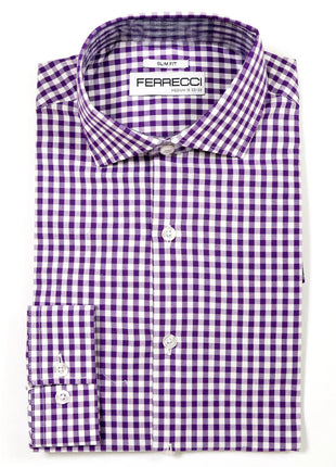 Ferrecci Purple and White Check Slim Fit Cutaway Collar Cotton Dress Shirt - The Suit Depot