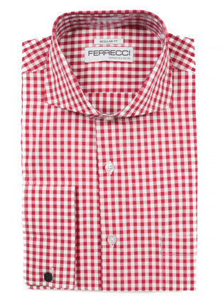 Ferrecci Red and White Check Regular Fit Cutaway Collar Cotton Dress Shirt - The Suit Depot