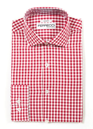 Ferrecci Red and White Check Slim Fit Cutaway Collar Cotton Dress Shirt - The Suit Depot